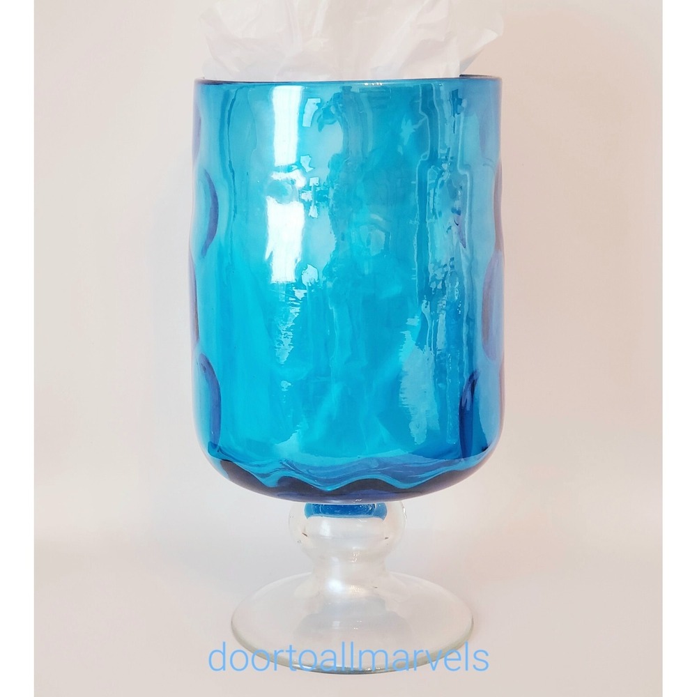 Vintage Empoli Blown Glass Vase Turquoise Optic Centerpiece 10.5" Mid Century